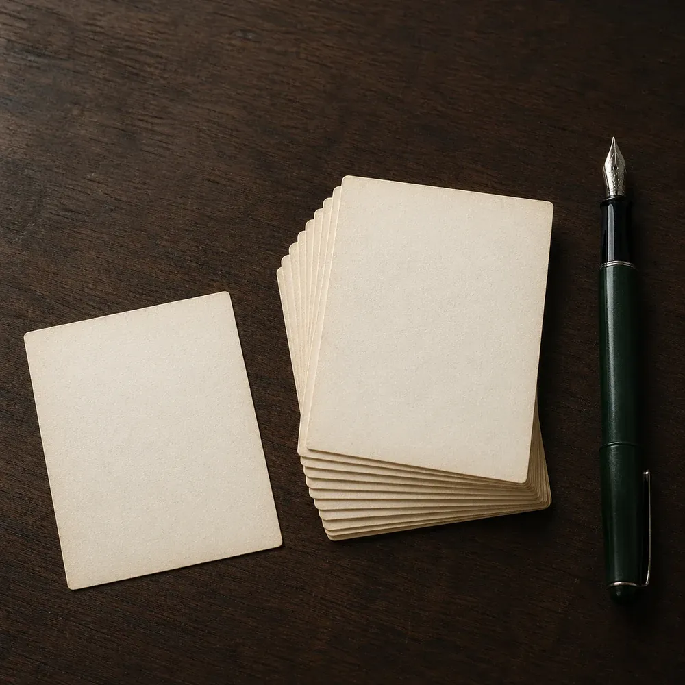 A small stack of off-white index cards on a dark walnut desk, slightly fanned, with one card laid separately to the left and a dark green fountain pen with a steel nib parallel to the right edge of the stack.