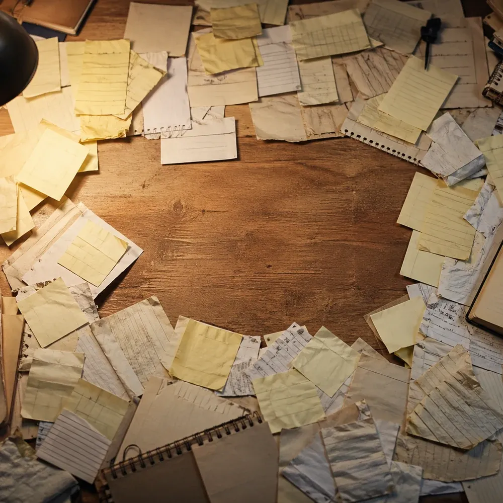 A wooden desk lit by a brass lamp on the upper left, almost entirely covered in scattered scraps of paper, yellow legal-pad pages, lined notebook sheets, and torn handwritten notes. A pair of reading glasses, an open notebook, a mug, and a closed leather book sit around the edges. A small clear patch of wood grain shows in the centre.