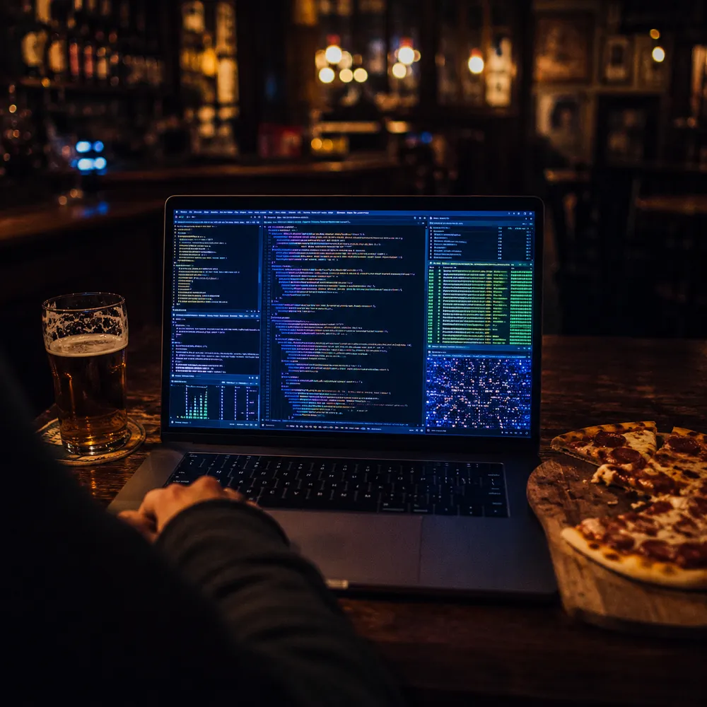 A laptop showing several panes of code and terminal output, glowing on a dark wooden pub table at night. A half-drunk pint of lager sits to the left, a pepperoni pizza on a wooden board to the right, and a hand rests on the keyboard.