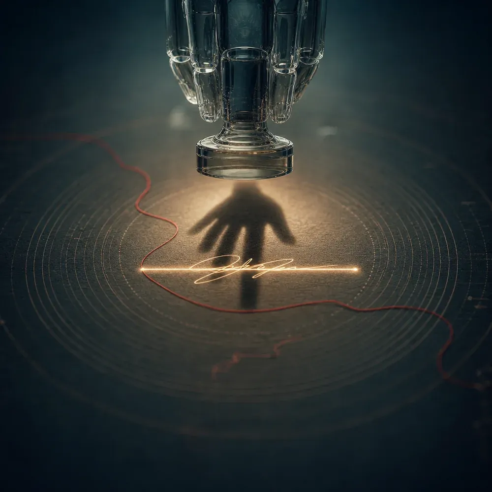 A centred dark ledger page with one glowing amber signature squiggle, a translucent mechanical stamp hovering above it casting the shadow of a human hand, and a thin red thread running through the paper, in deep teal, cream and charcoal tones.