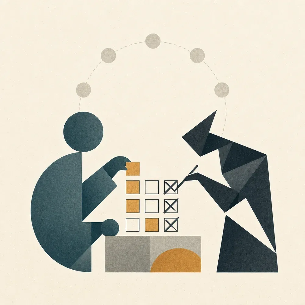 Two abstract geometric figures face each other over a grid of small blank squares, the darker angular one striking through several while a faint six-node arc passes behind them, in muted teal, amber and cream tones.